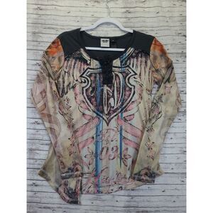 Womens Harley Davidson Grey‎ Pink Shirt Size Medium Long Sleeve Henley Tie Neck